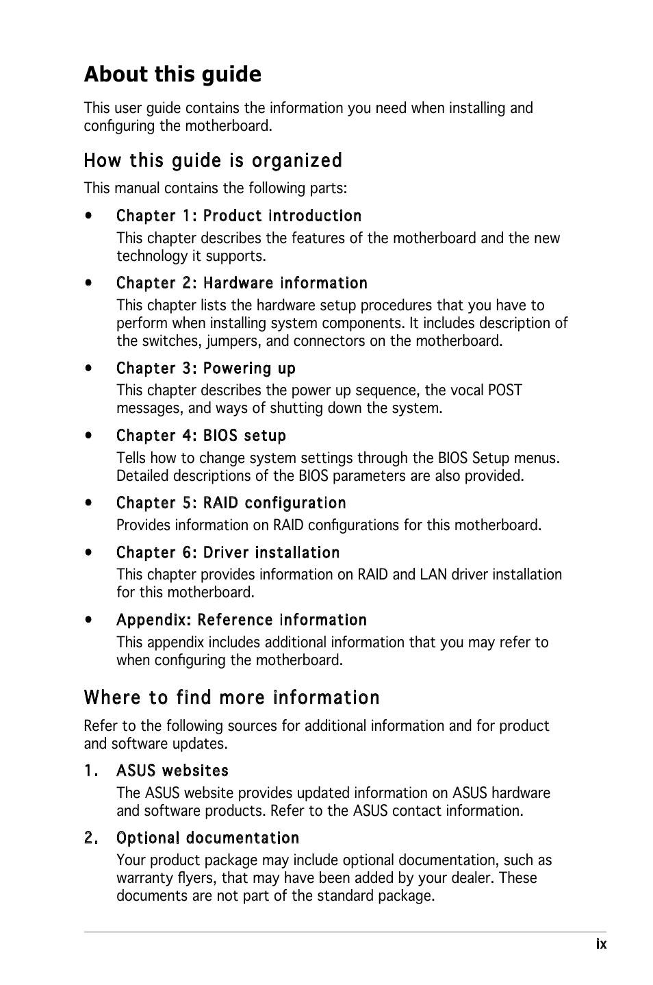 About this guide, How this guide is organized, Where to find more information | Asus P5LD-MR User Manual | Page 9 / 160