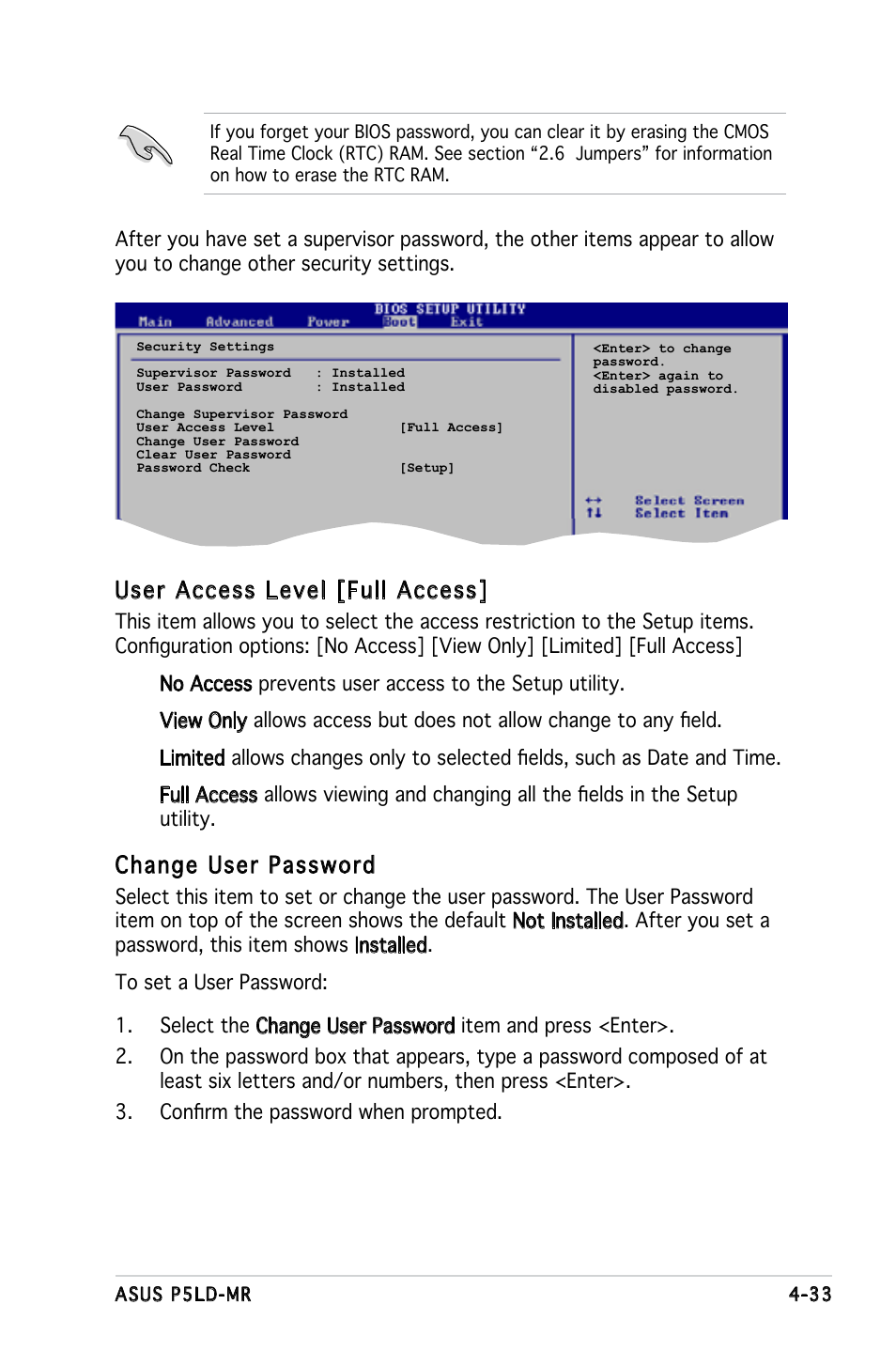 User access level [full access, Change user password | Asus P5LD-MR User Manual | Page 93 / 160