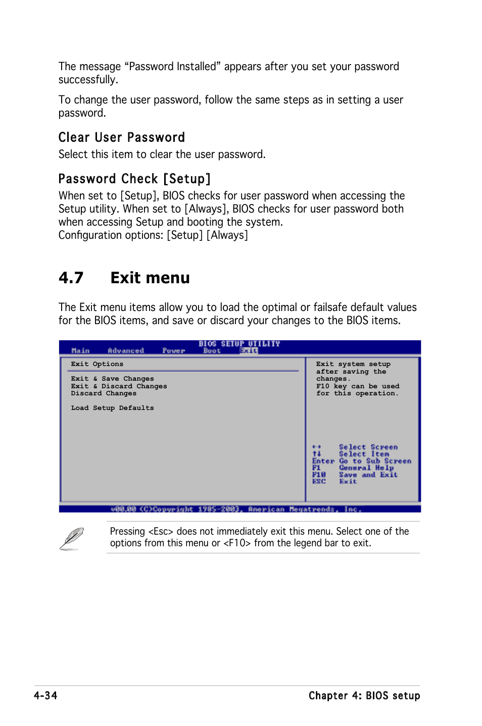 7 exit menu, Clear user password, Password check [setup | Asus P5LD-MR User Manual | Page 94 / 160