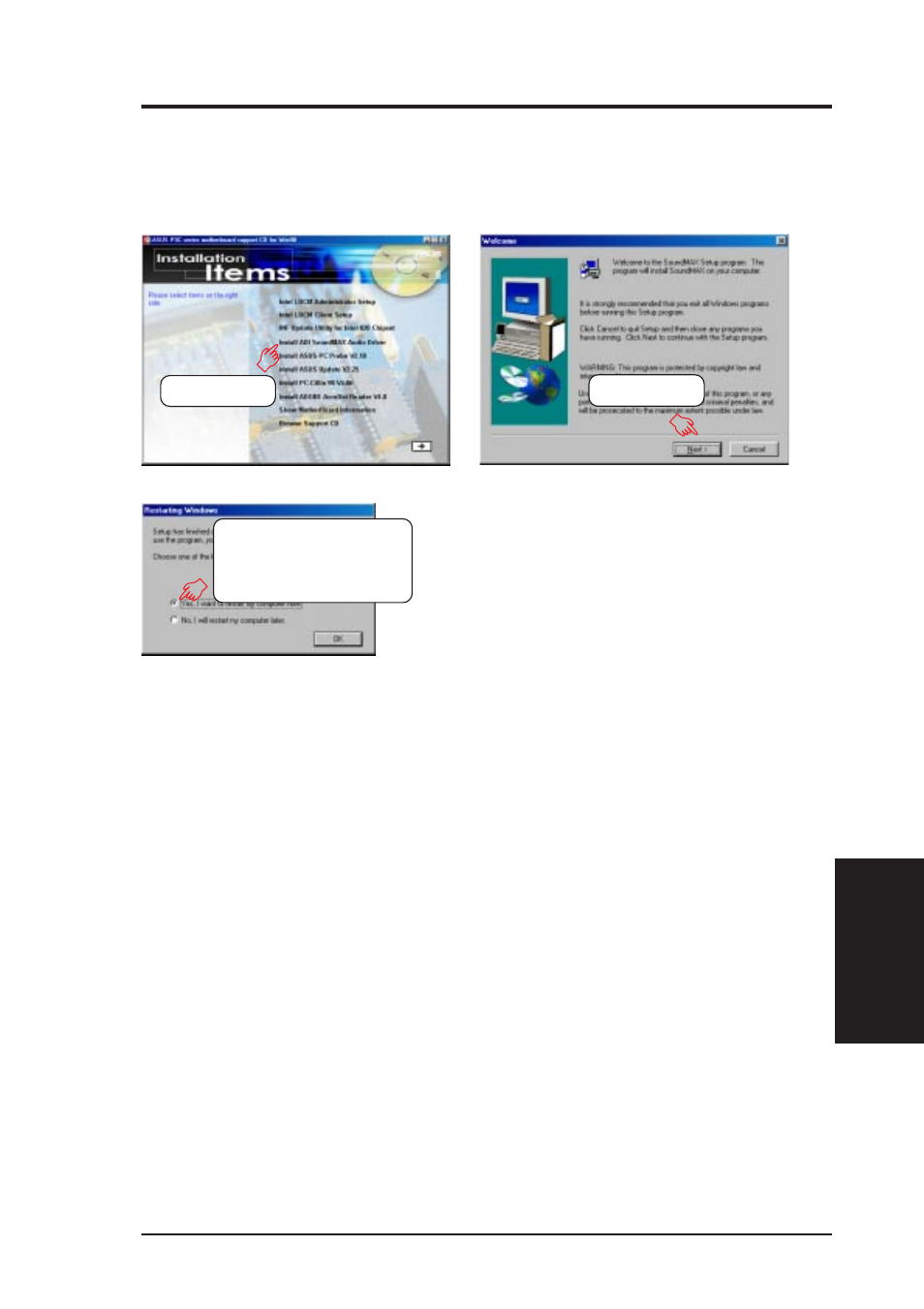 Software setup, 6 install adi soundmax audio driver, For windows 95 | Asus P3C2000 User Manual | Page 93 / 110
