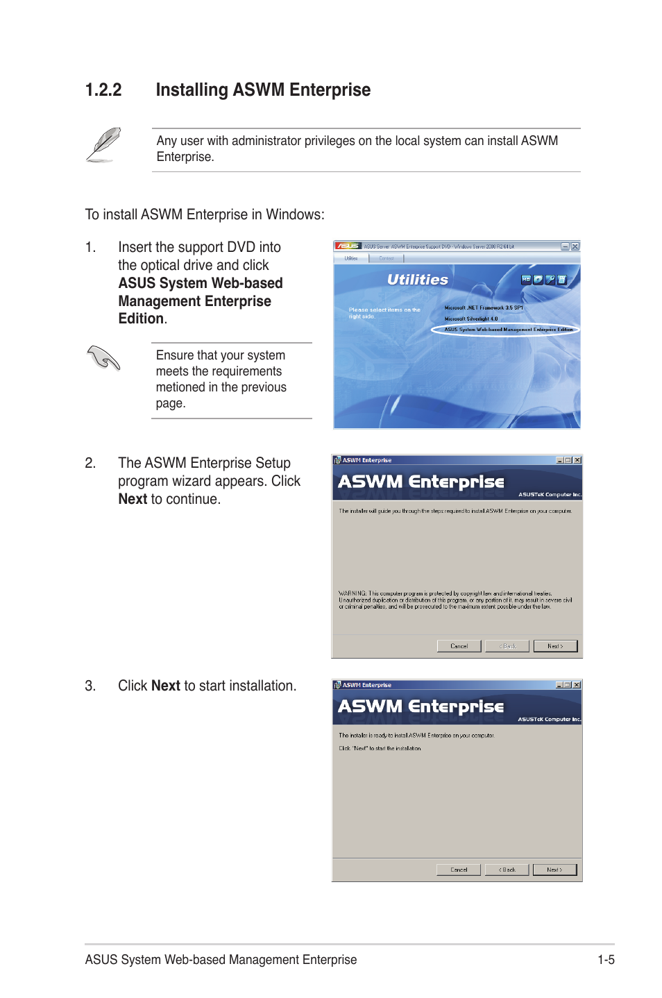 2 installing aswm enterprise | Asus ASWM Enterprise System Web-based Management User Manual | Page 11 / 78