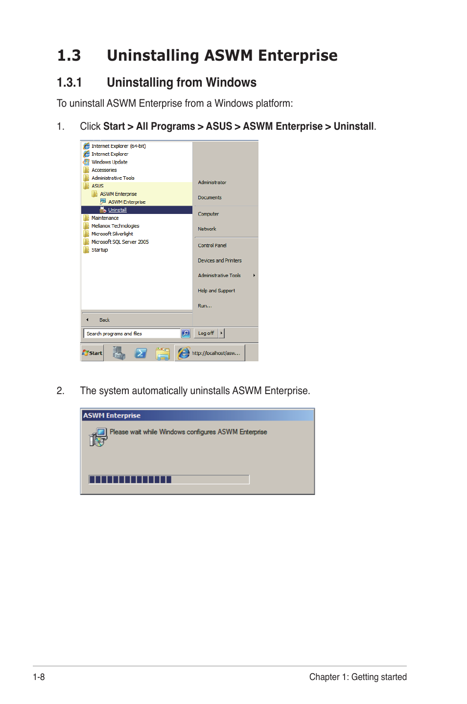3 uninstalling aswm enterprise | Asus ASWM Enterprise System Web-based Management User Manual | Page 14 / 78