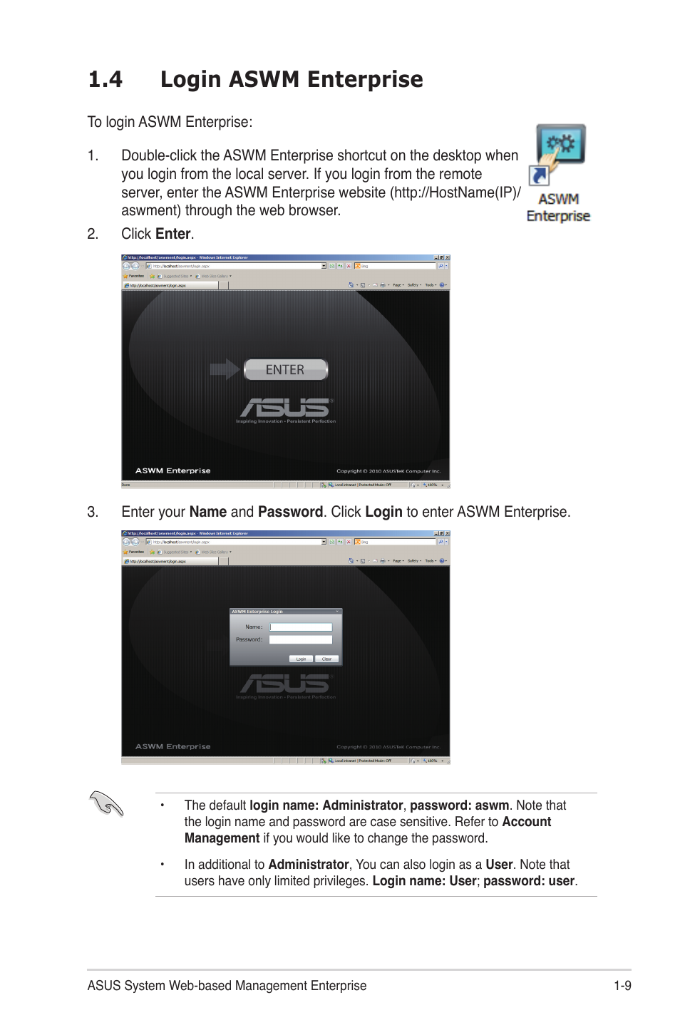 4 login aswm enterprise | Asus ASWM Enterprise System Web-based Management User Manual | Page 15 / 78