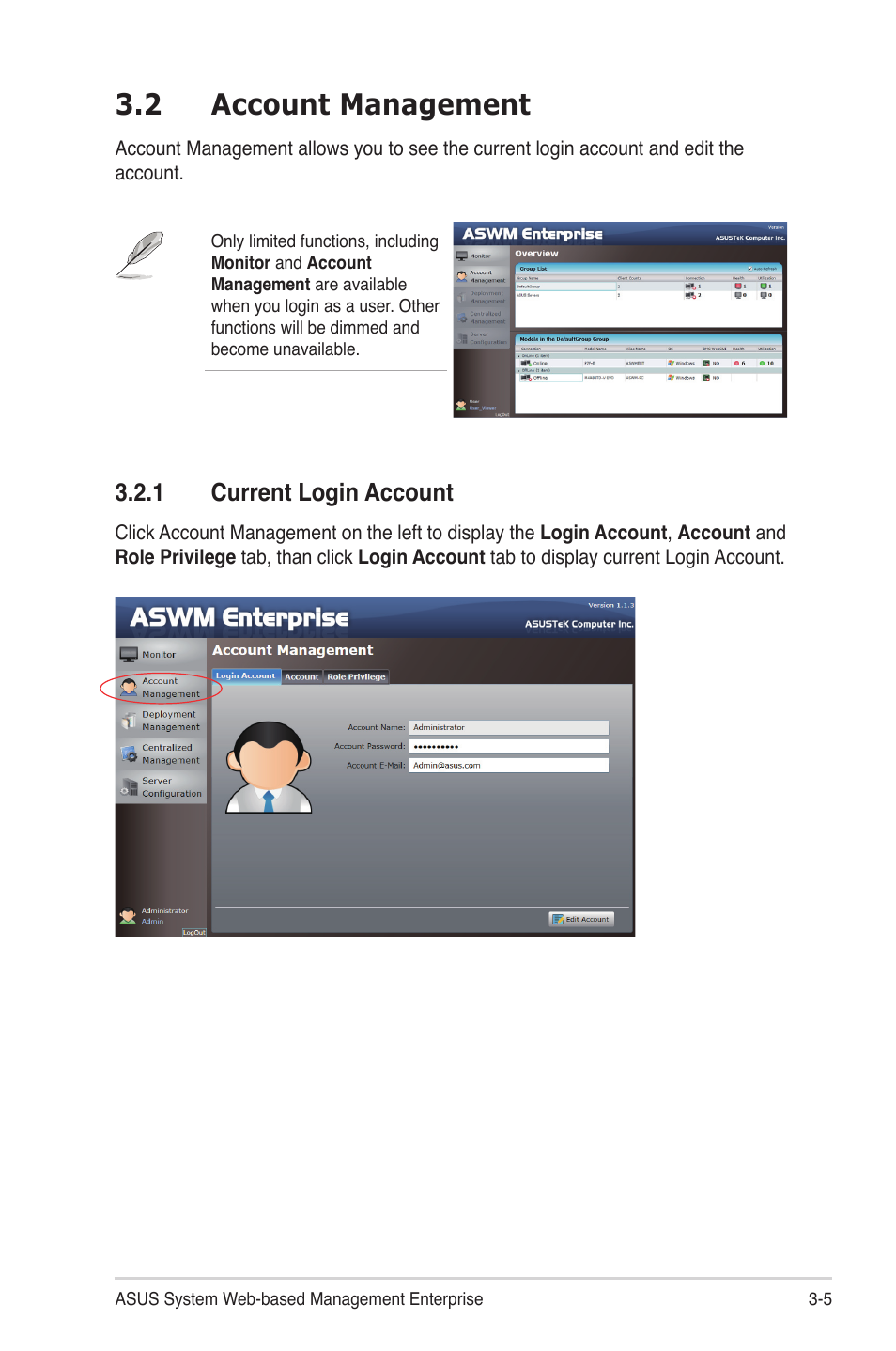 2 account management, 1 current login account | Asus ASWM Enterprise System Web-based Management User Manual | Page 37 / 78
