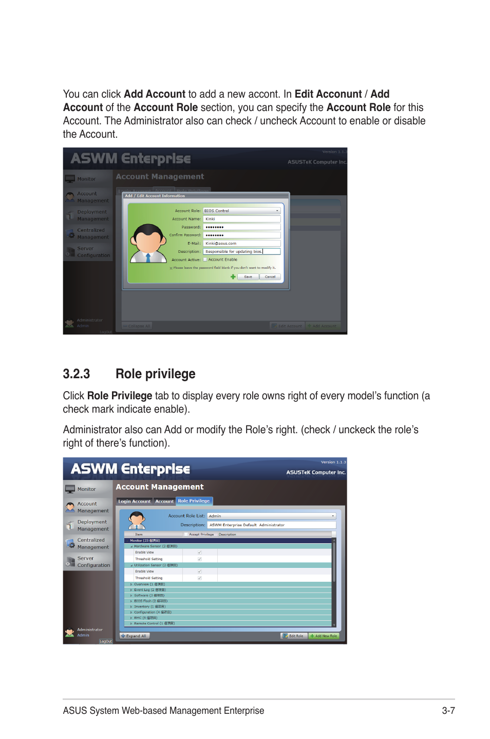 3 role privilege | Asus ASWM Enterprise System Web-based Management User Manual | Page 39 / 78