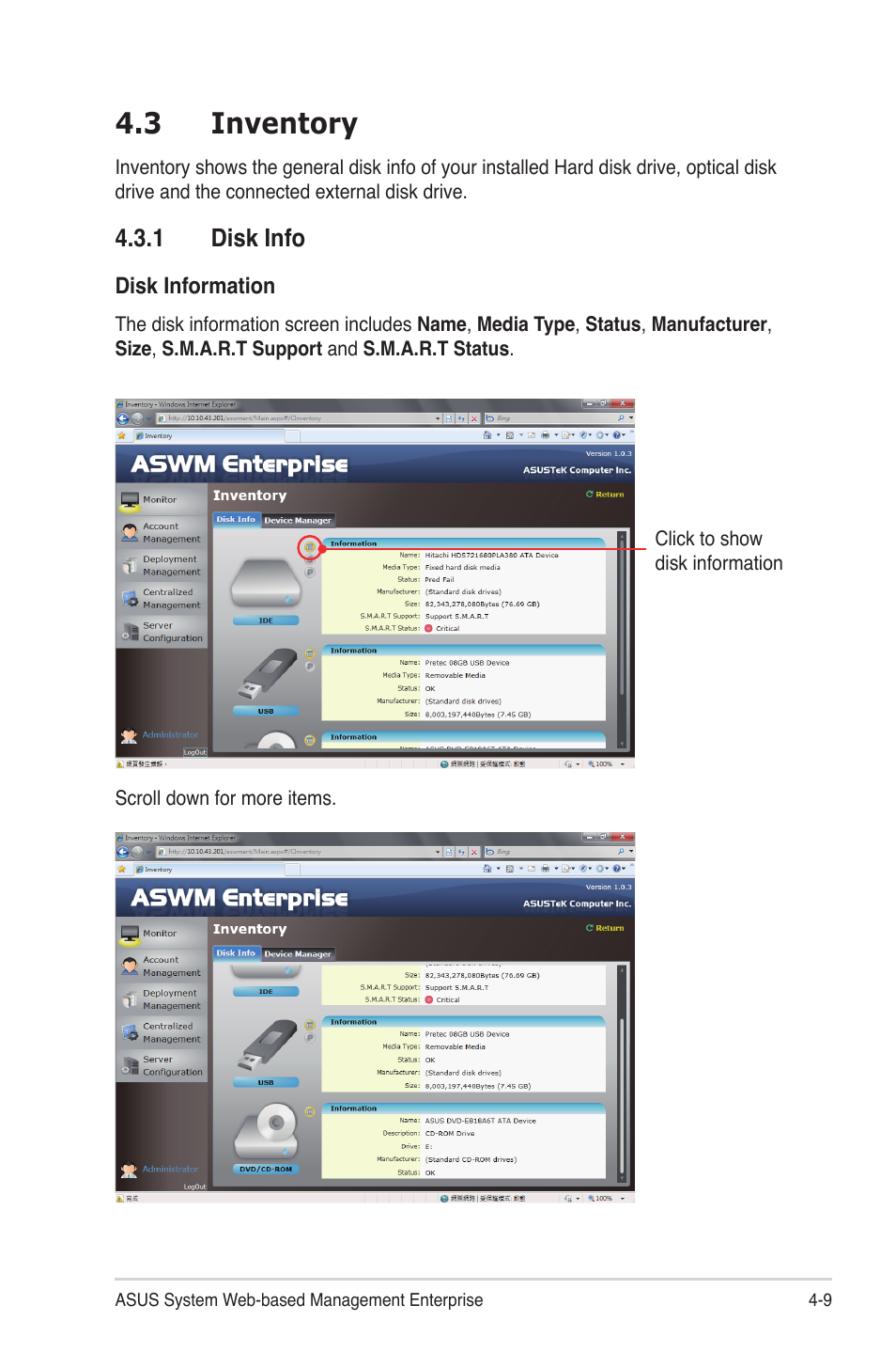 3 inventory, 1 disk info | Asus ASWM Enterprise System Web-based Management User Manual | Page 57 / 78