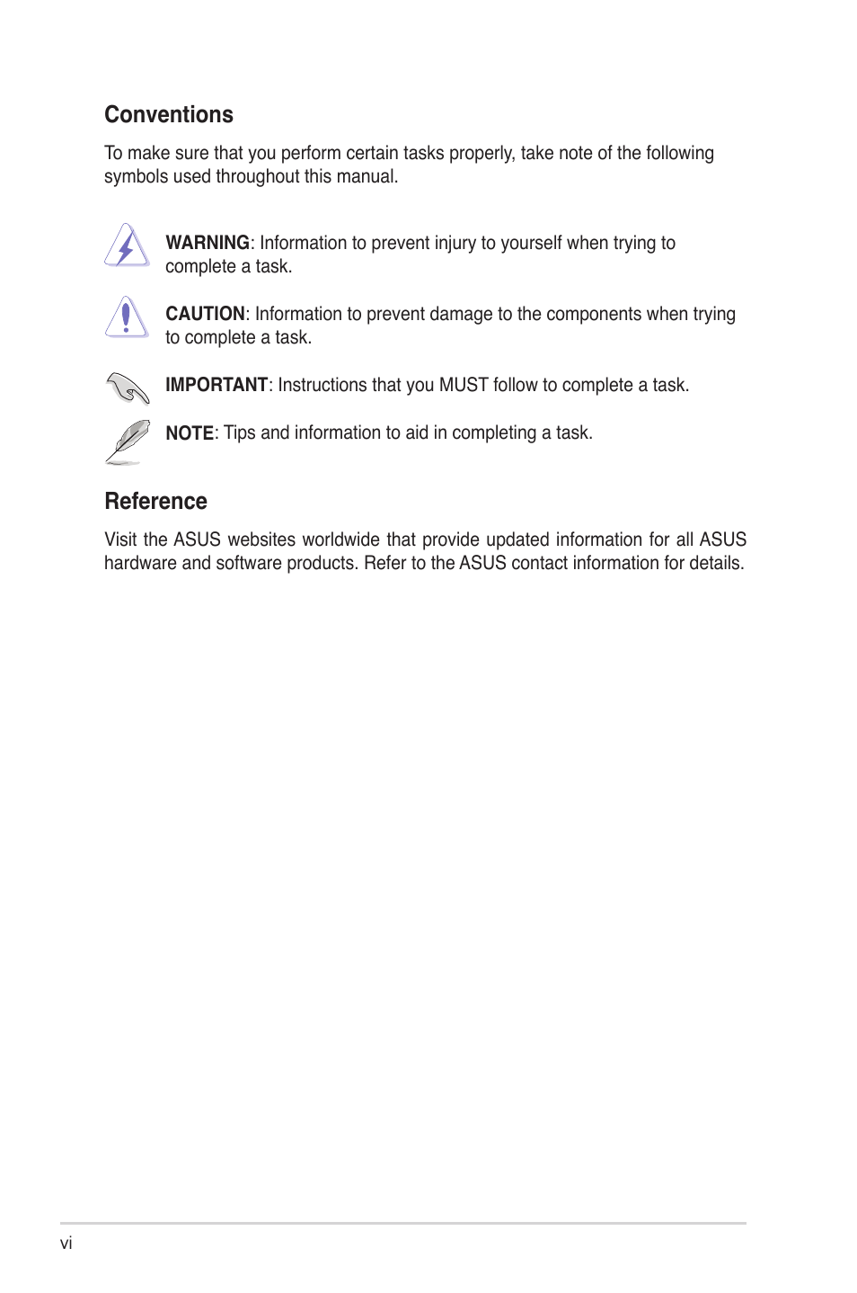 Conventions, Reference | Asus ASWM Enterprise System Web-based Management User Manual | Page 6 / 78