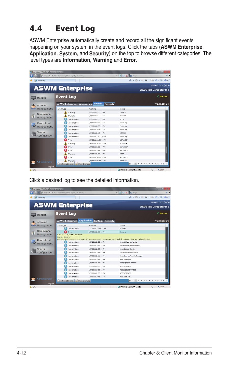 4 event log | Asus ASWM Enterprise System Web-based Management User Manual | Page 60 / 78