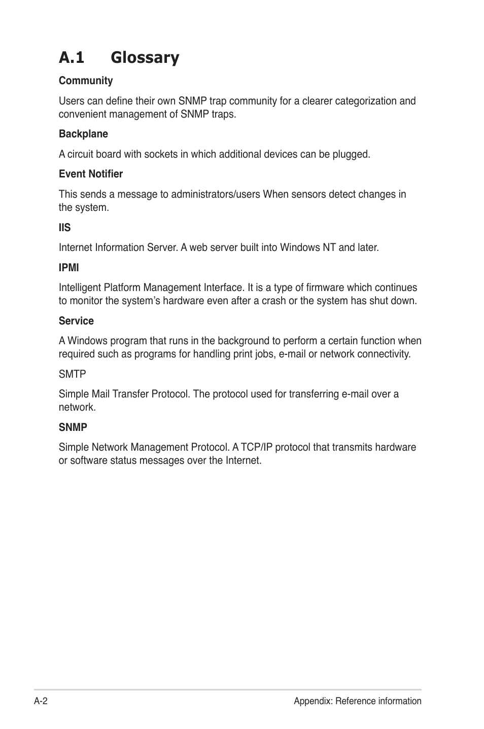 A.1 glossary | Asus ASWM Enterprise System Web-based Management User Manual | Page 76 / 78