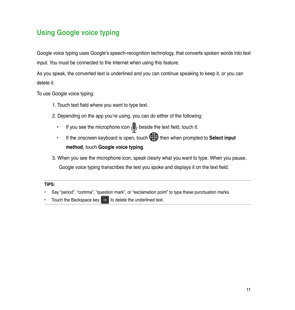 Using google voice typing | Asus PadFone User Manual | Page 11 / 106