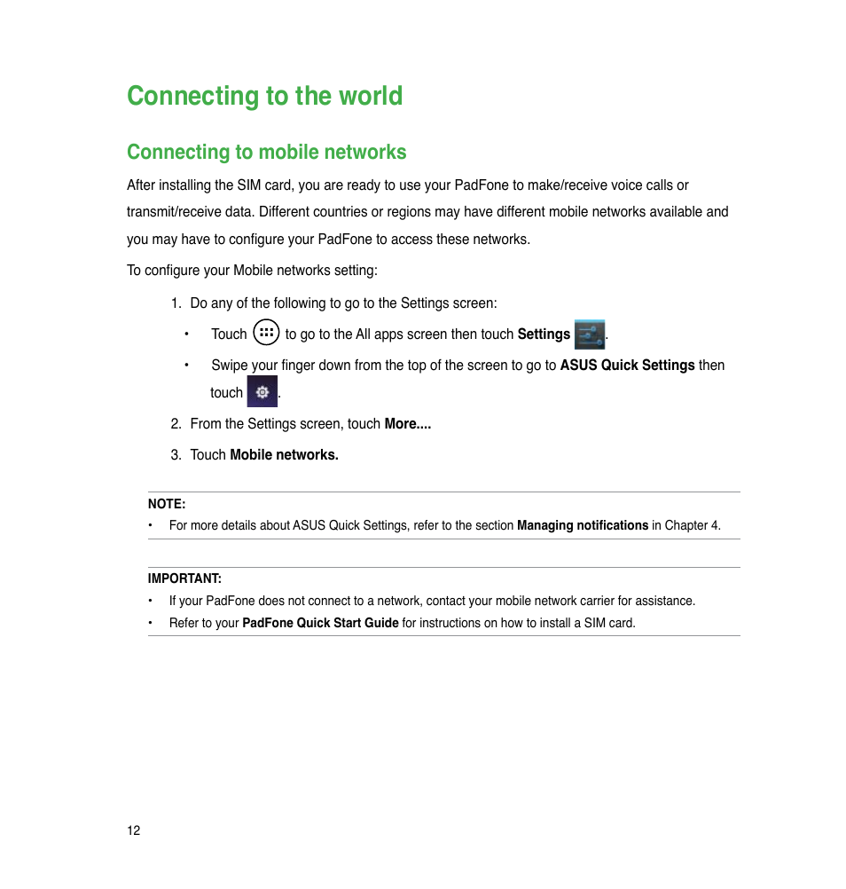 Connecting to the world, Connecting to mobile networks | Asus PadFone User Manual | Page 12 / 106