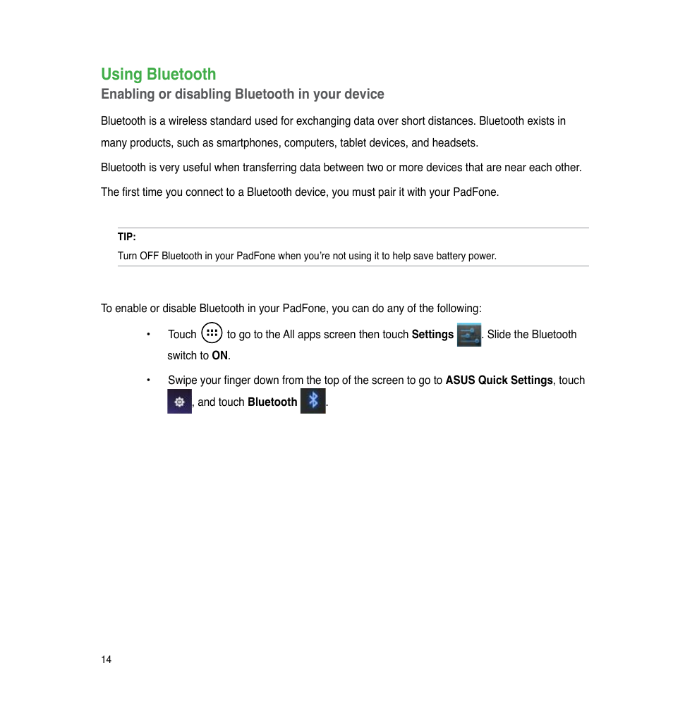 Using bluetooth | Asus PadFone User Manual | Page 14 / 106