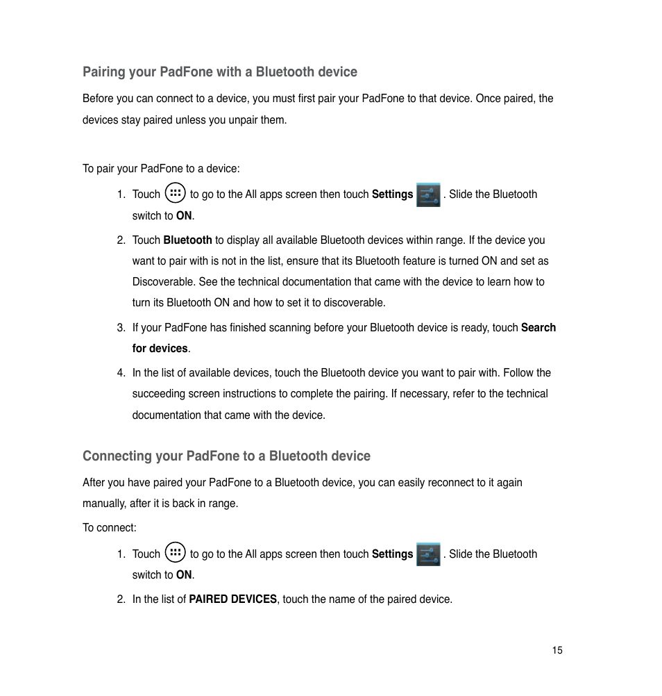 Pairing your padfone with a bluetooth device, Connecting your padfone to a bluetooth device | Asus PadFone User Manual | Page 15 / 106