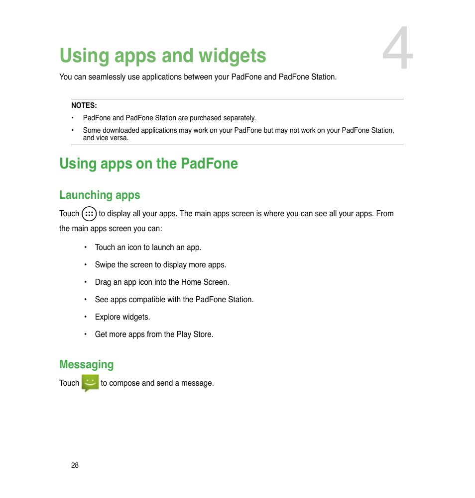 Chapter 4: using apps and widgets, Using apps on the padfone, Launching apps | Messaging, Using apps and widgets | Asus PadFone User Manual | Page 28 / 106