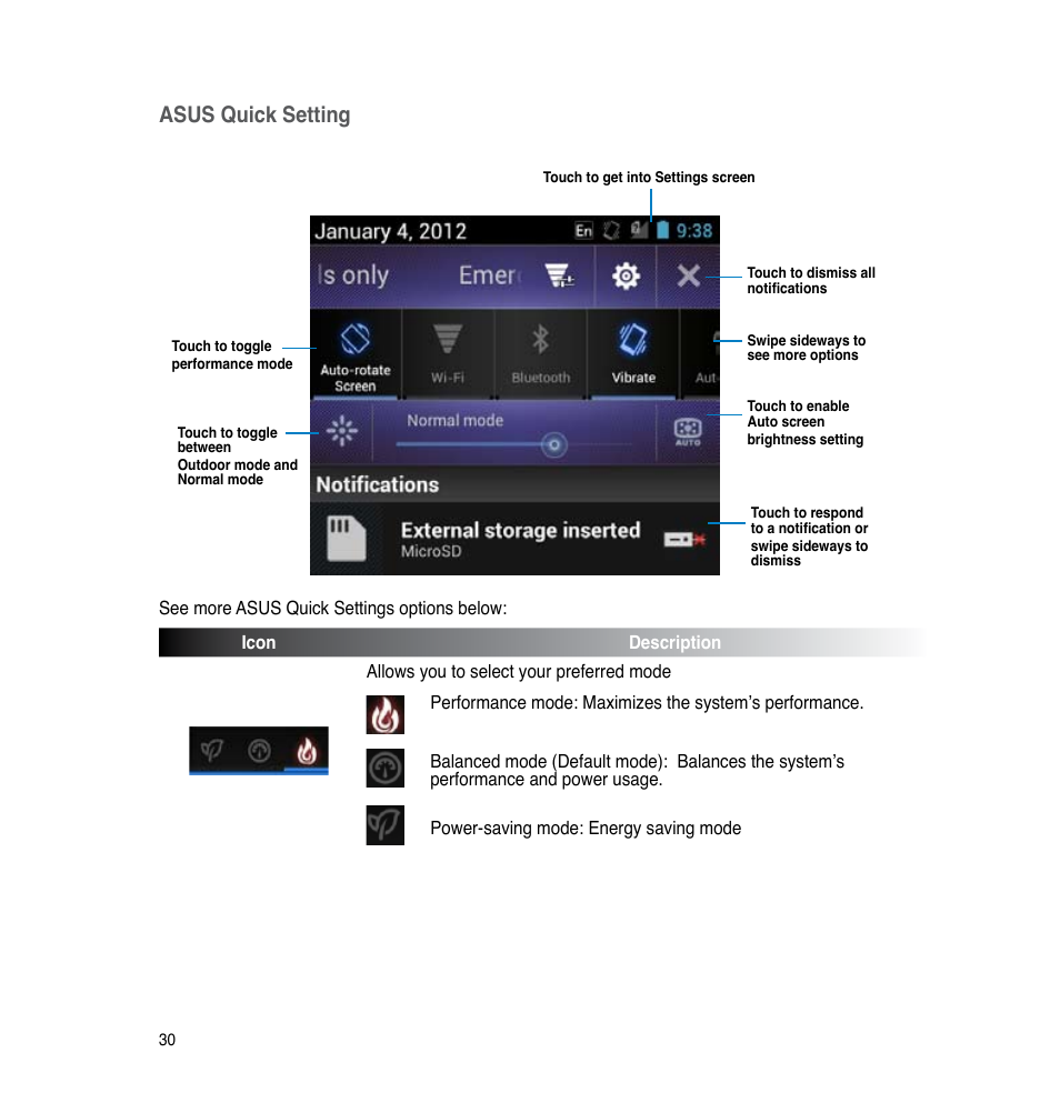 Asus quick setting | Asus PadFone User Manual | Page 30 / 106