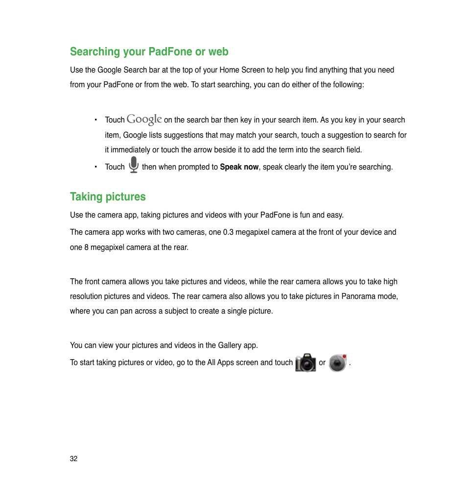 Searching your padfone or web, Taking pictures | Asus PadFone User Manual | Page 32 / 106