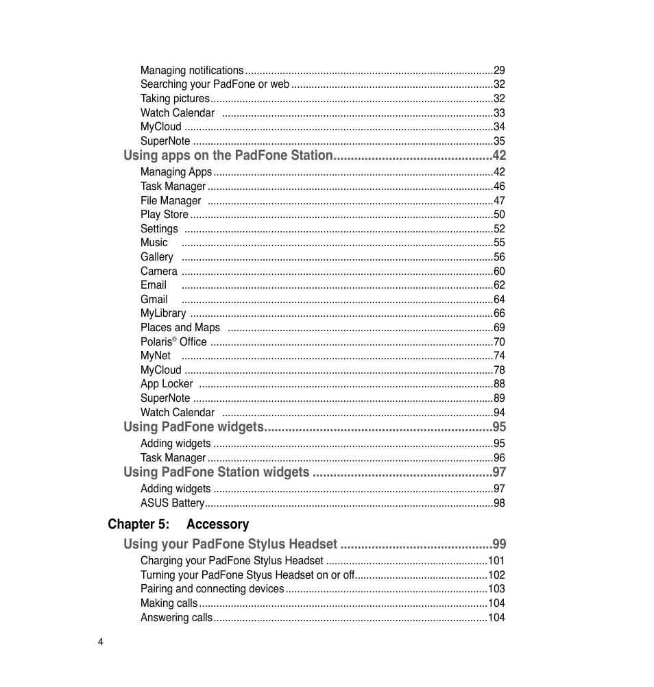 Using apps on the padfone station, Using padfone widgets, Using padfone station widgets | Asus PadFone User Manual | Page 4 / 106