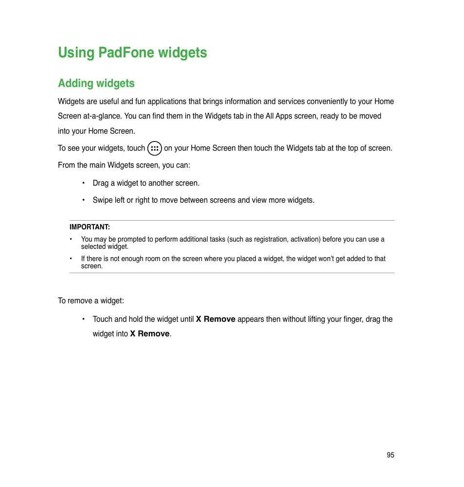 Using padfone widgets, Adding widgets | Asus PadFone User Manual | Page 95 / 106