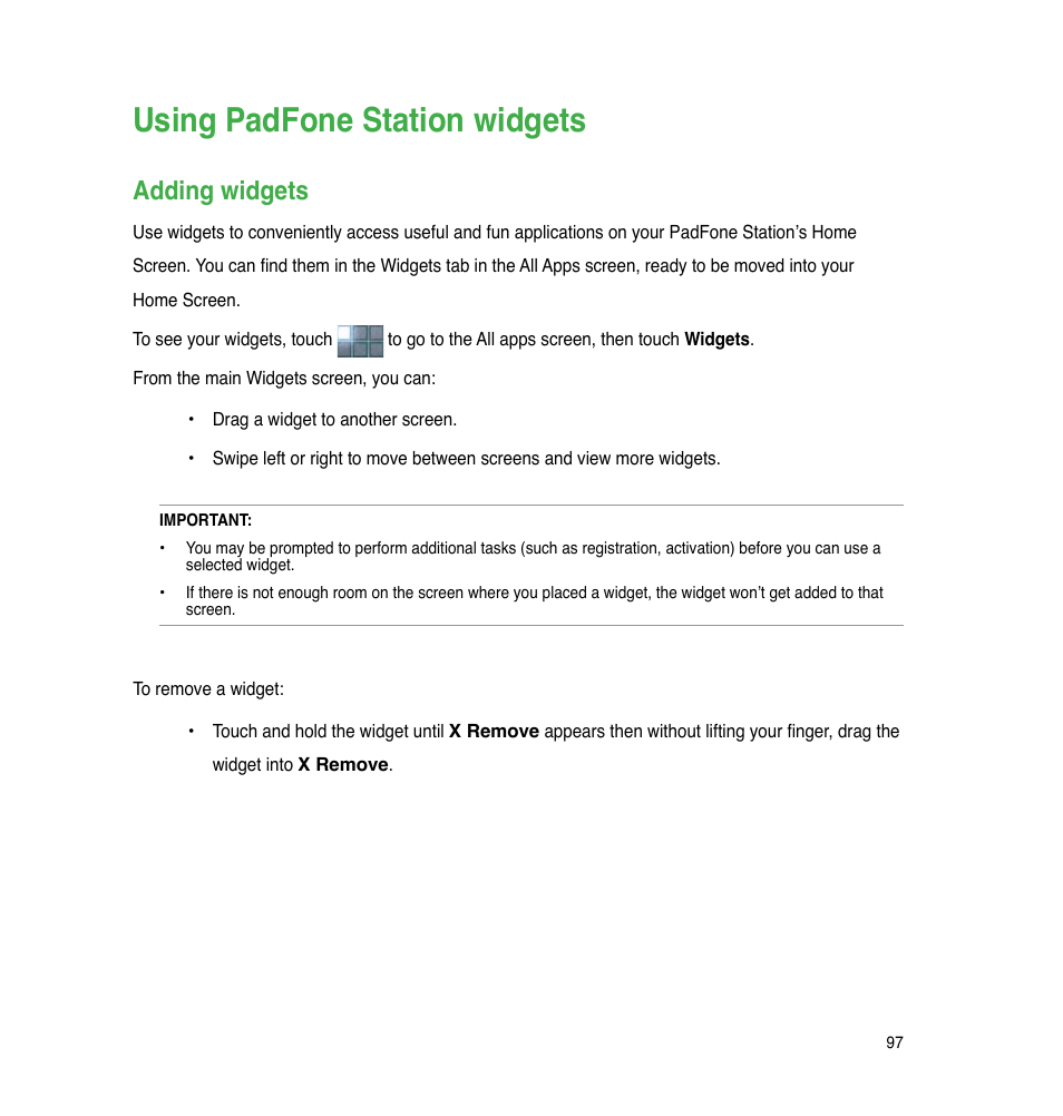 Using padfone station widgets, Adding widgets | Asus PadFone User Manual | Page 97 / 106