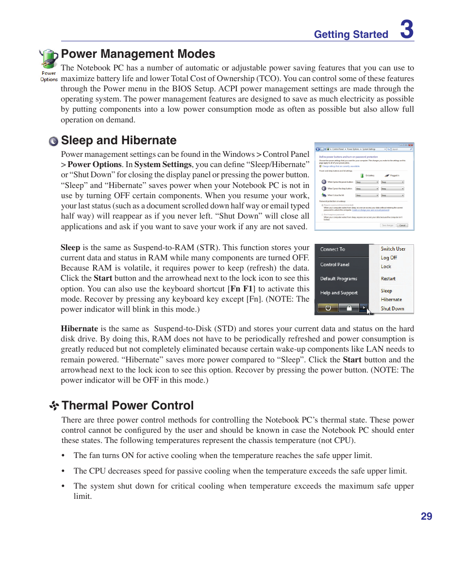 Power management modes, Sleep and hibernate, Thermal power control | Asus G1S User Manual | Page 29 / 89