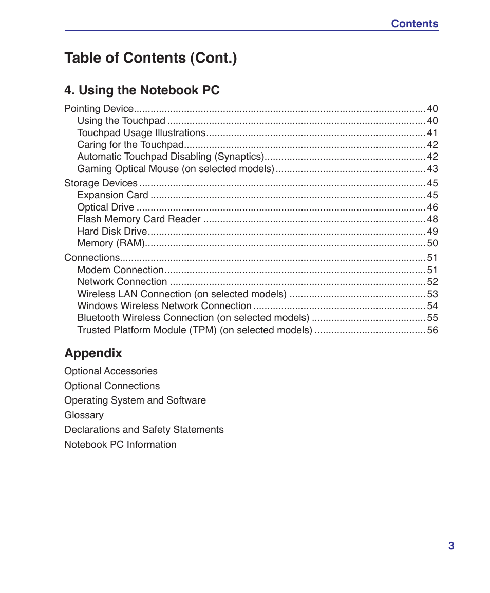 Table of contents (cont.) | Asus G1S User Manual | Page 3 / 89