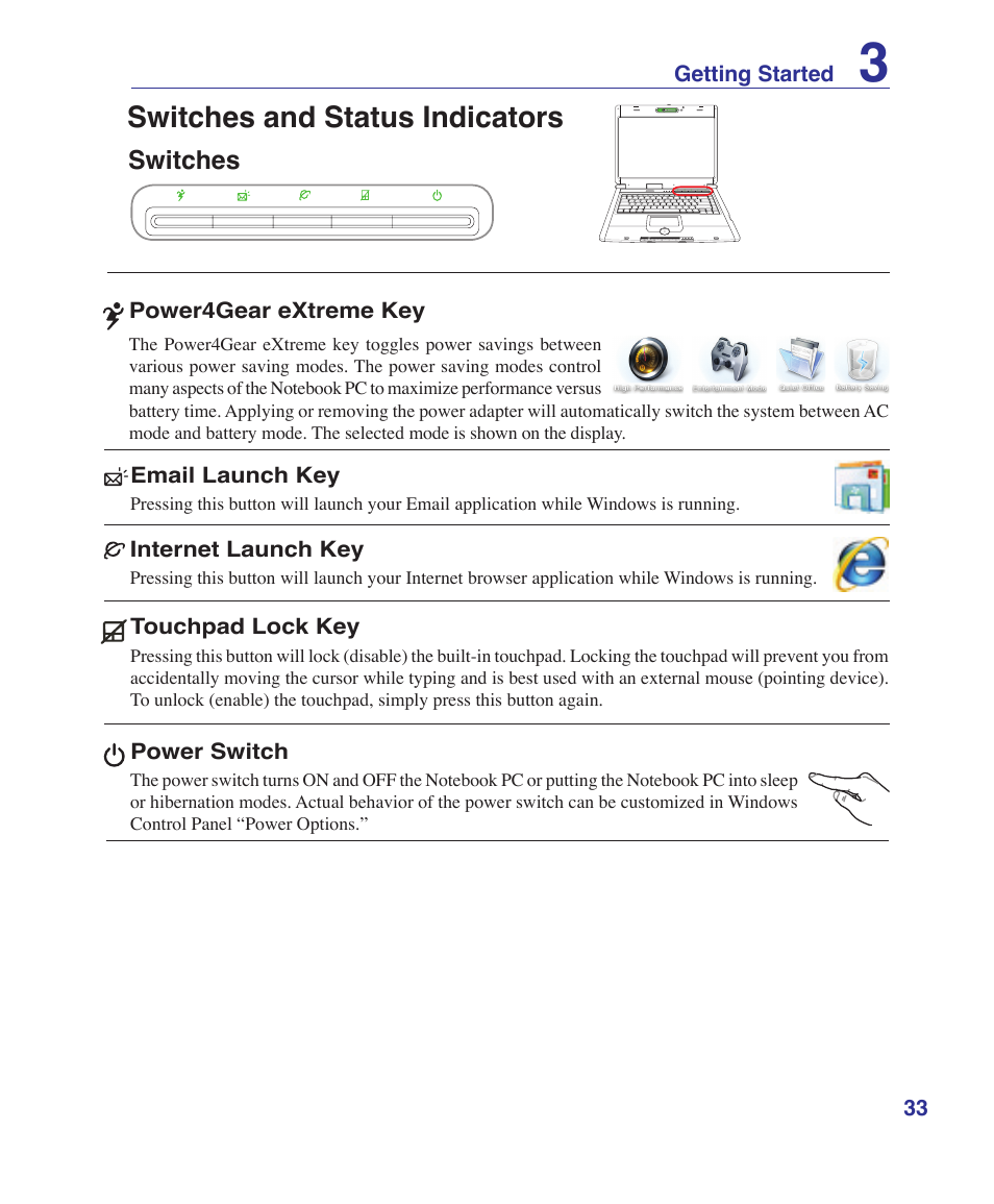 Switches and status indicators, Switches | Asus G1S User Manual | Page 33 / 89