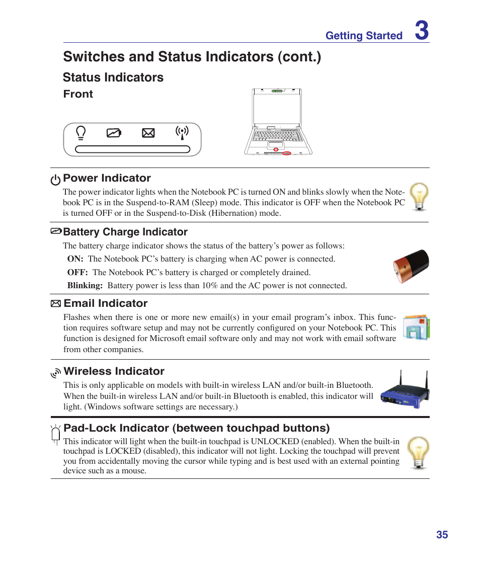 Status indicators, Switches and status indicators (cont.) | Asus G1S User Manual | Page 35 / 89