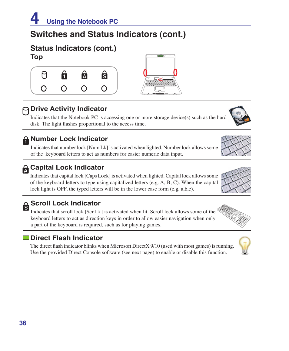 Switches and status indicators (cont.) | Asus G1S User Manual | Page 36 / 89