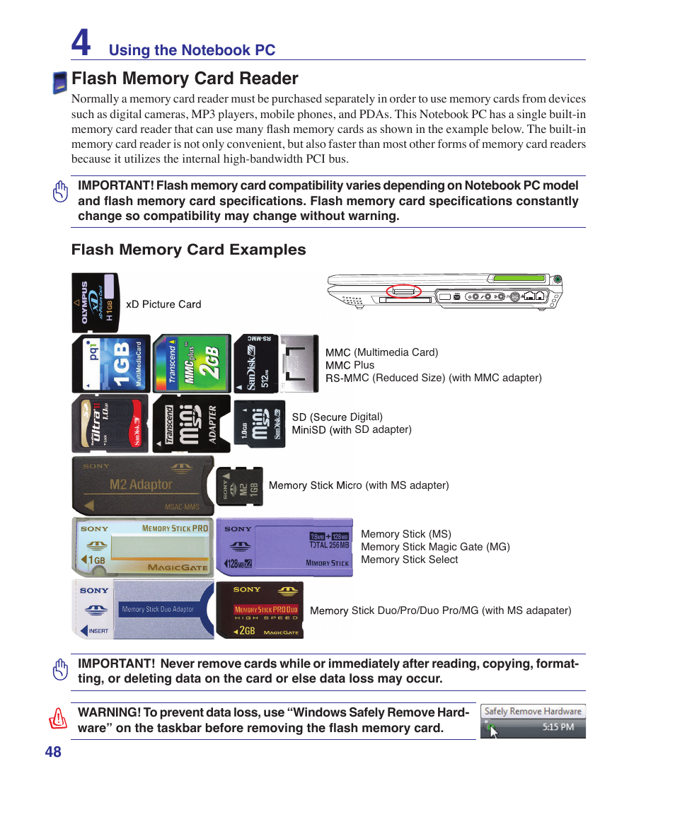 Flash memory card reader | Asus G1S User Manual | Page 48 / 89