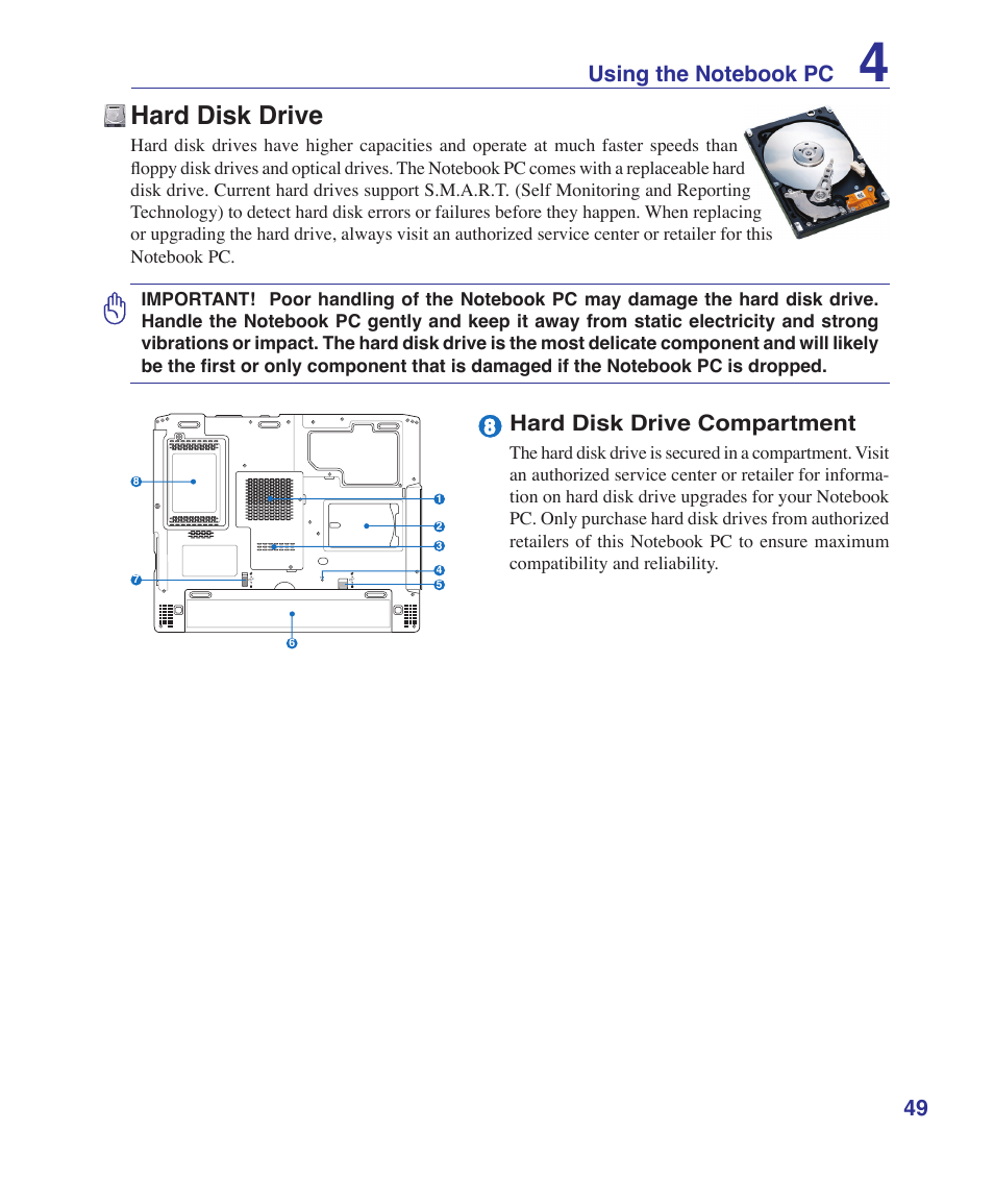 Hard disk drive, Hard disk drive compartment | Asus G1S User Manual | Page 49 / 89