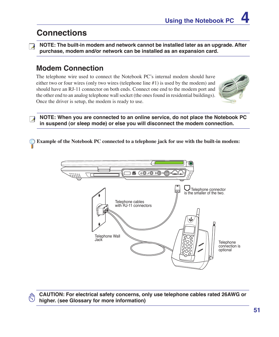 Connections, Modem connection | Asus G1S User Manual | Page 51 / 89