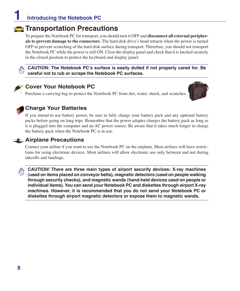 Transportation precautions | Asus G1S User Manual | Page 8 / 89