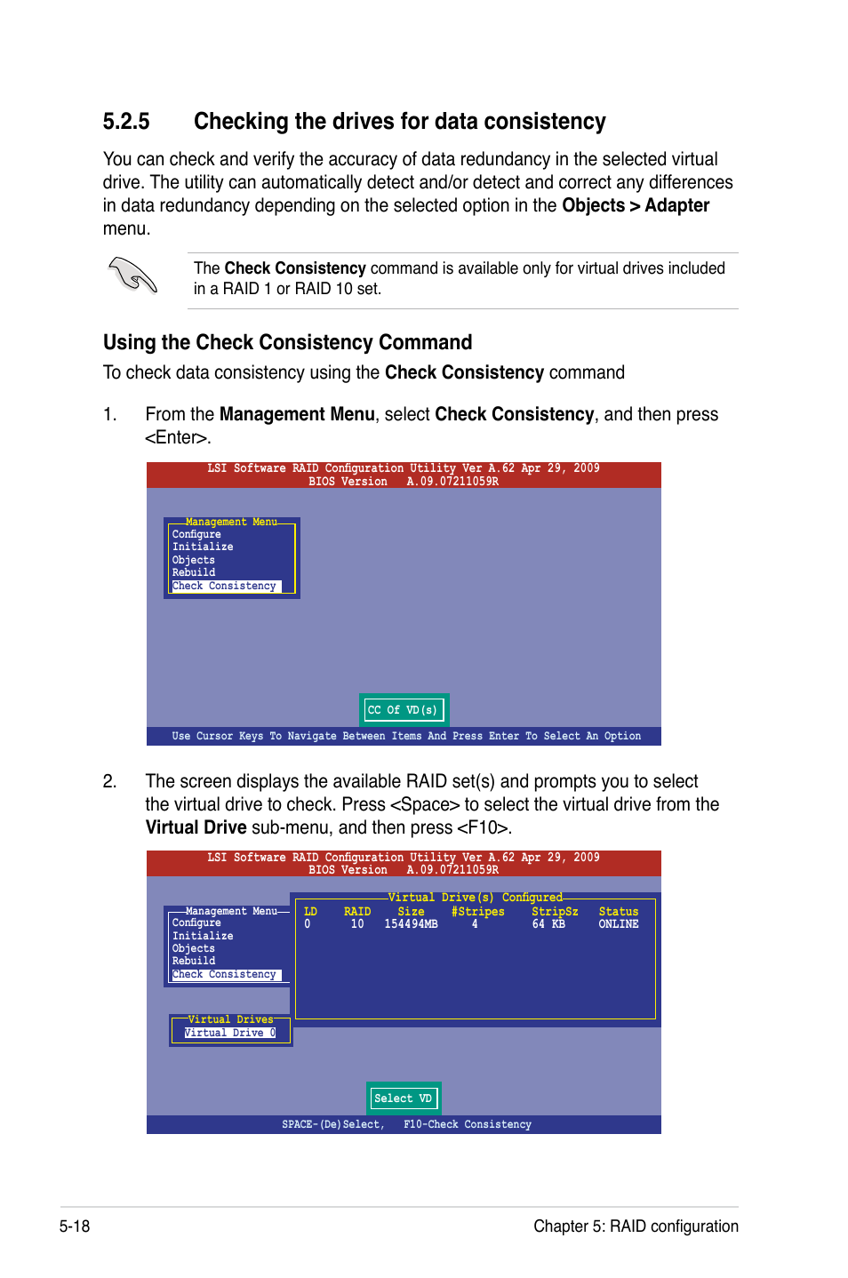 5 checking the drives for data consistency, Checking the drives for data consistency -18, Using the check consistency command | Asus TS100-E6/PI4 User Manual | Page 108 / 148