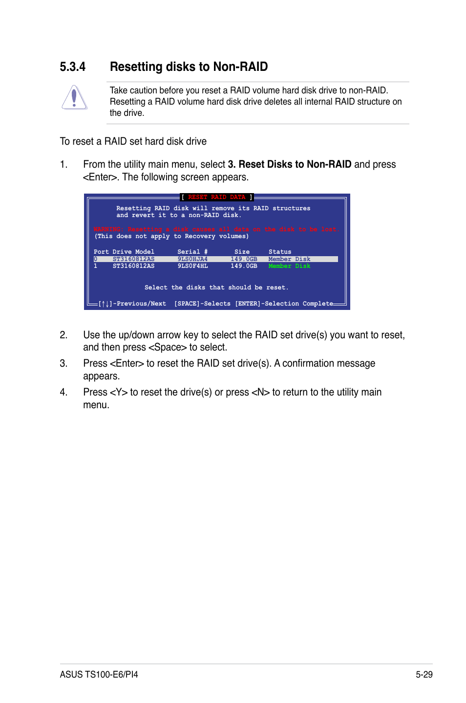 4 resetting disks to non-raid, Resetting disks to non-raid -29 | Asus TS100-E6/PI4 User Manual | Page 119 / 148