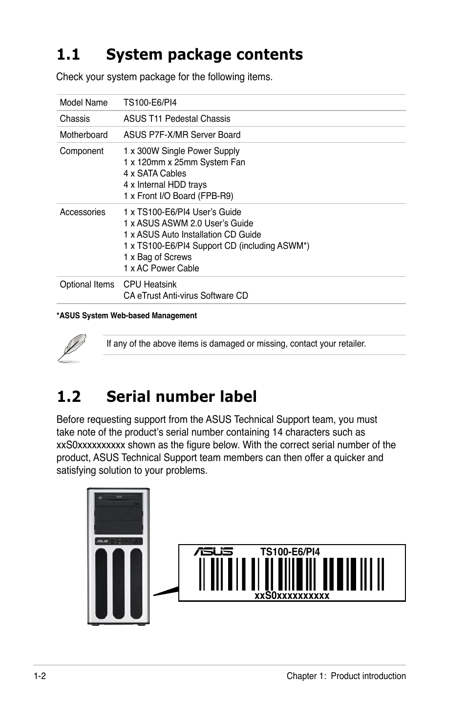 1 system package contents, 2 serial number label, System package contents -2 | Serial number label -2 | Asus TS100-E6/PI4 User Manual | Page 12 / 148