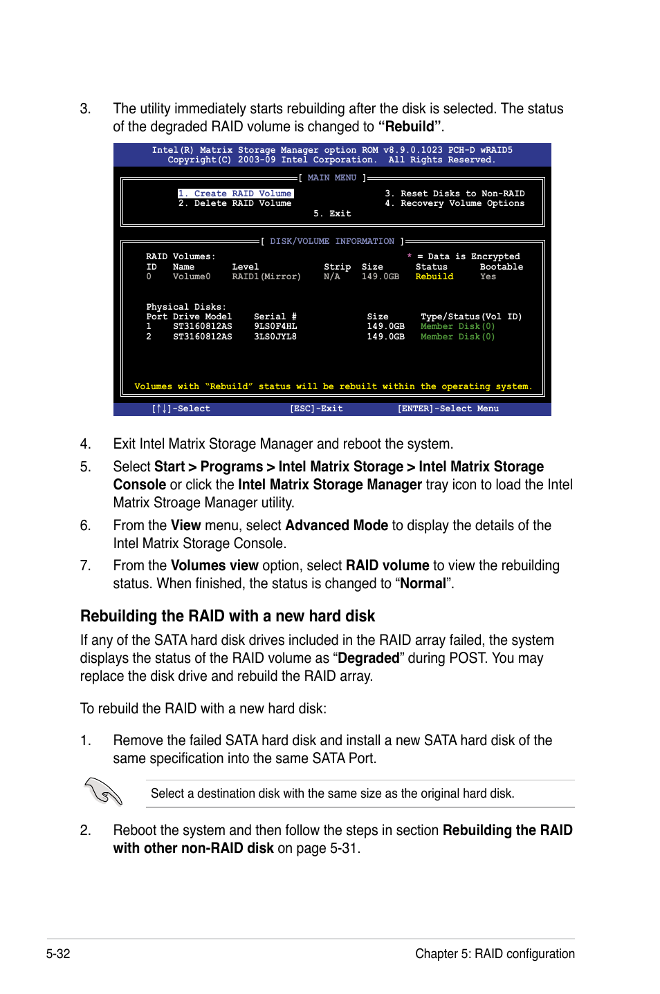 Rebuilding the raid with a new hard disk | Asus TS100-E6/PI4 User Manual | Page 122 / 148