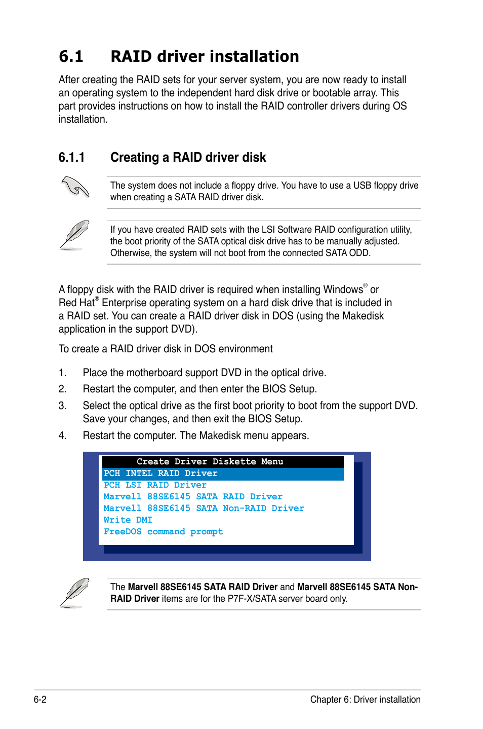 1 raid driver installation, 1 creating a raid driver disk, Raid driver installation -2 6.1.1 | Creating a raid driver disk -2 | Asus TS100-E6/PI4 User Manual | Page 126 / 148