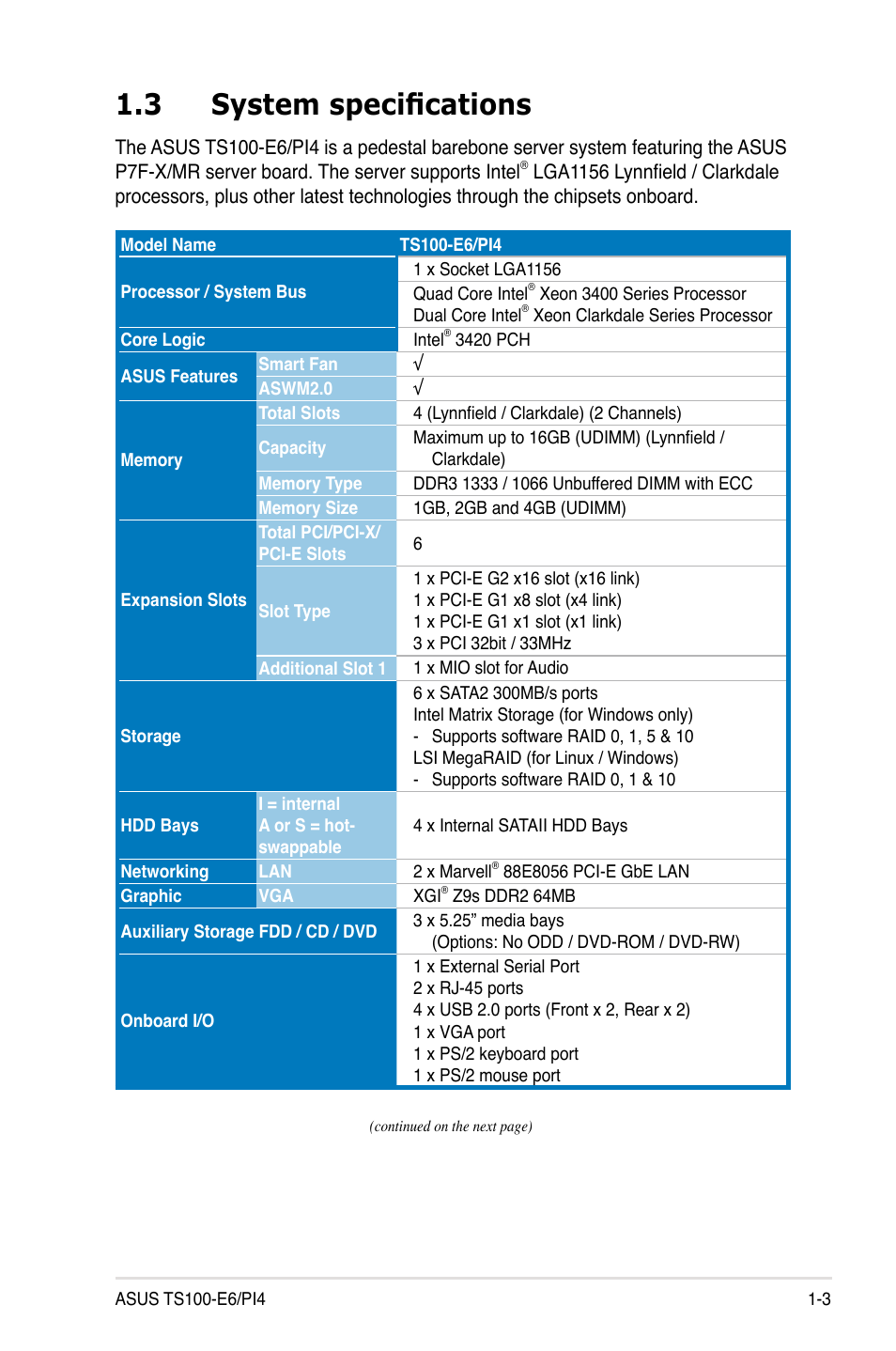 3 system specifications, System specifications -3 | Asus TS100-E6/PI4 User Manual | Page 13 / 148