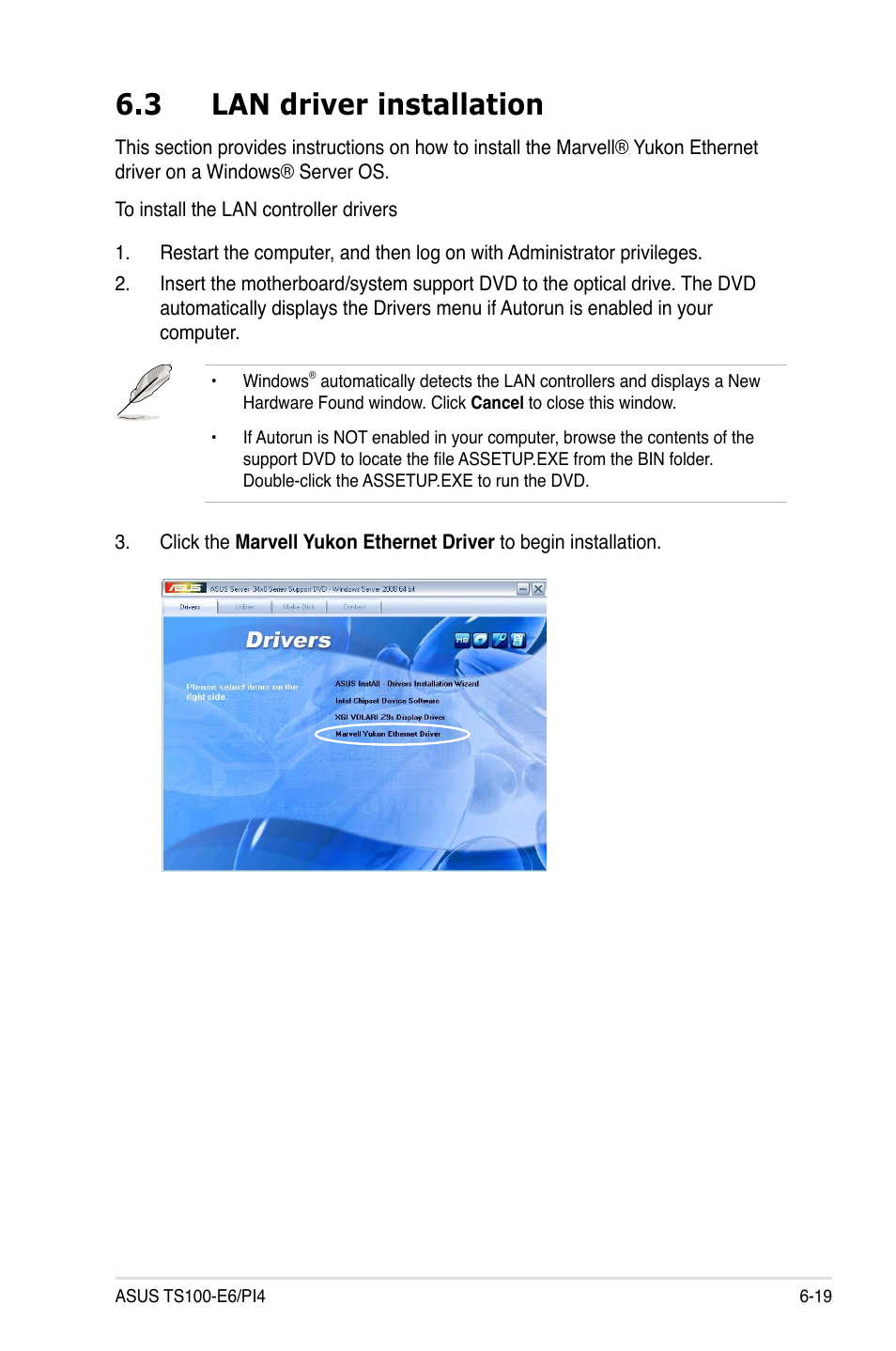 3 lan driver installation, Lan driver installation -19 | Asus TS100-E6/PI4 User Manual | Page 143 / 148