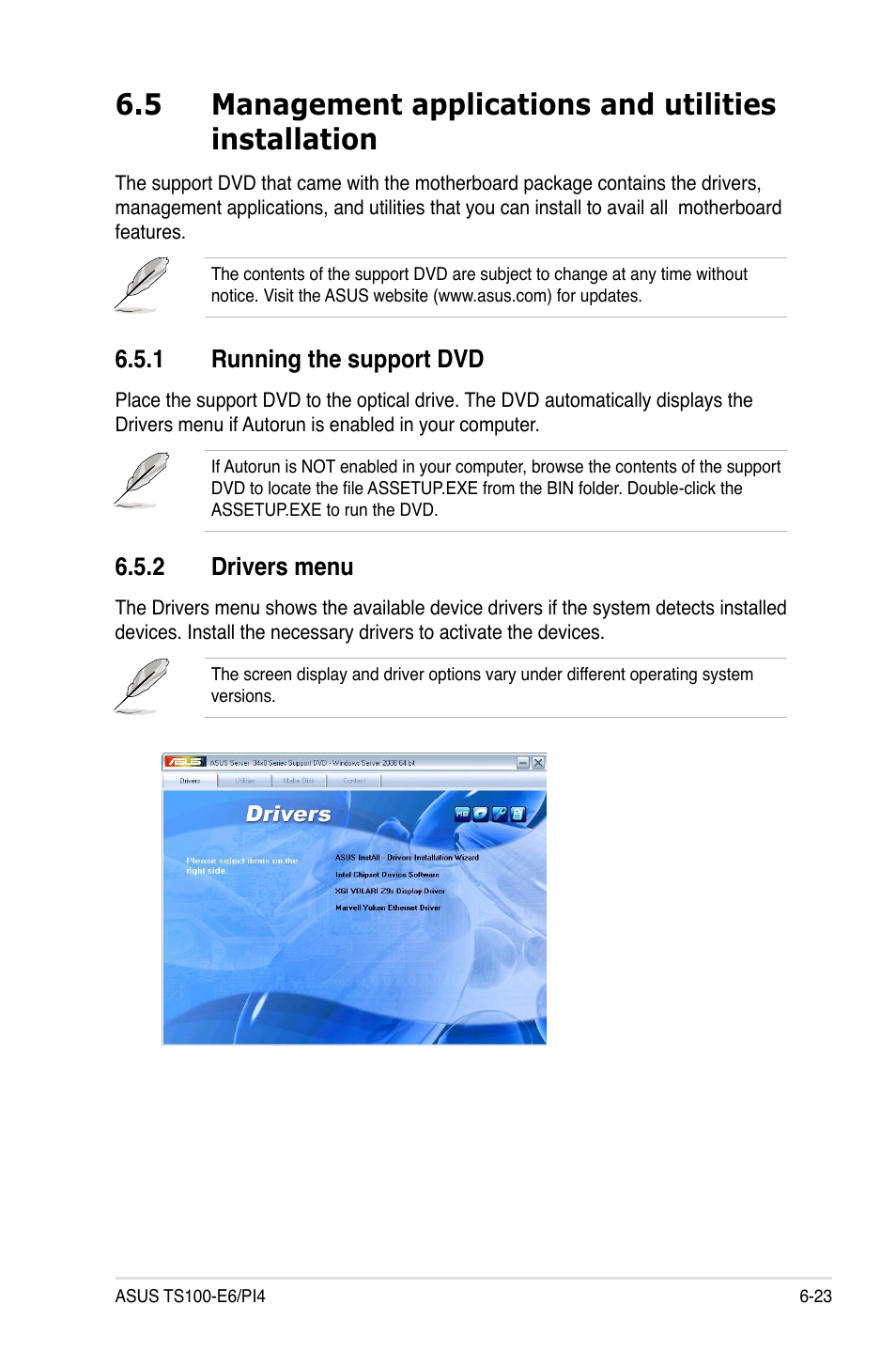 1 running the support dvd, 2 drivers menu, Running the support dvd -23 | Drivers menu -23 | Asus TS100-E6/PI4 User Manual | Page 147 / 148