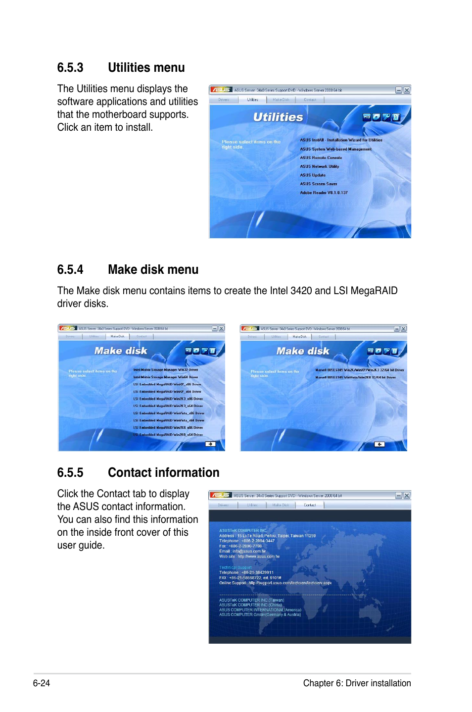 3 utilities menu, 4 make disk menu, 5 contact information | Utilities menu -24, Make disk menu -24, Contact information -24 | Asus TS100-E6/PI4 User Manual | Page 148 / 148