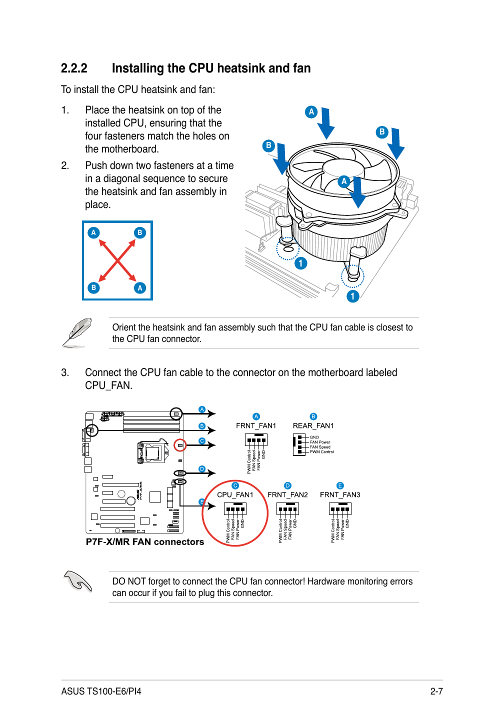 2 installing the cpu heatsink and fan, Installing the cpu heatsink and fan -7 | Asus TS100-E6/PI4 User Manual | Page 25 / 148