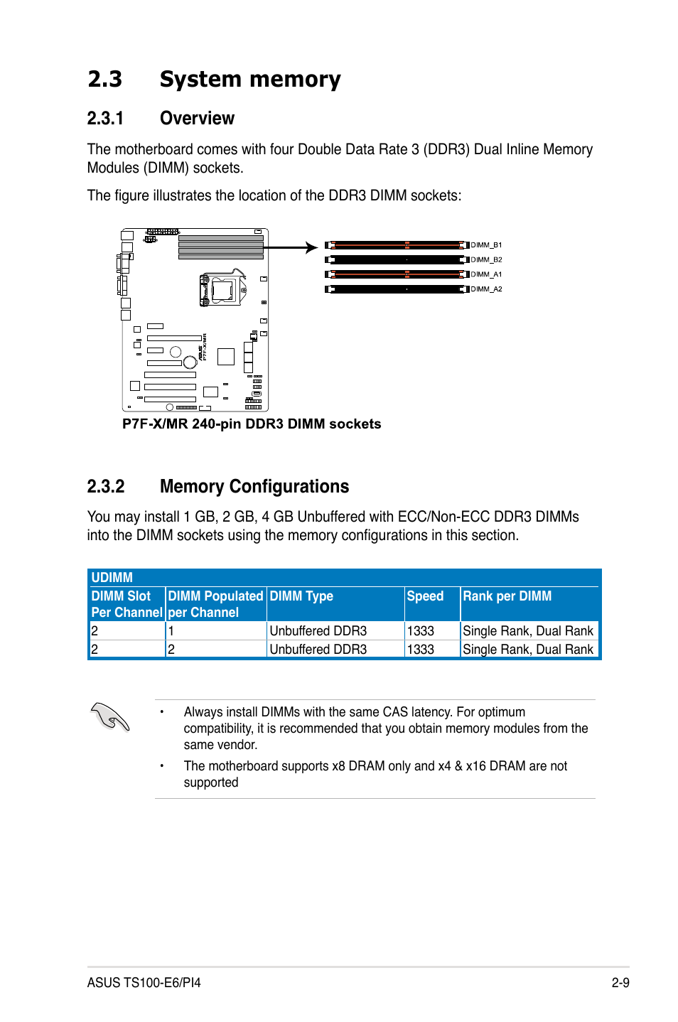 3 system memory, 1 overview, 2 memory configurations | System memory -9 2.3.1, Overview -9, Memory configurations -9 | Asus TS100-E6/PI4 User Manual | Page 27 / 148