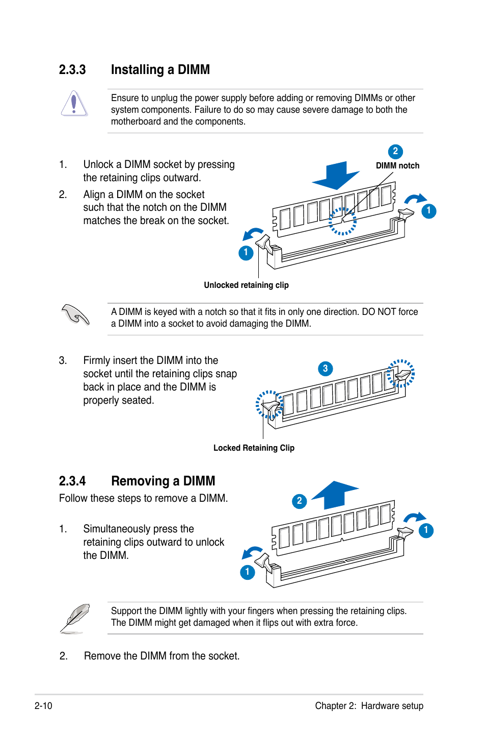 3 installing a dimm, 4 removing a dimm, Installing a dimm -10 | Removing a dimm -10, 3 installing a dimm 2.3.4 removing a dimm | Asus TS100-E6/PI4 User Manual | Page 28 / 148