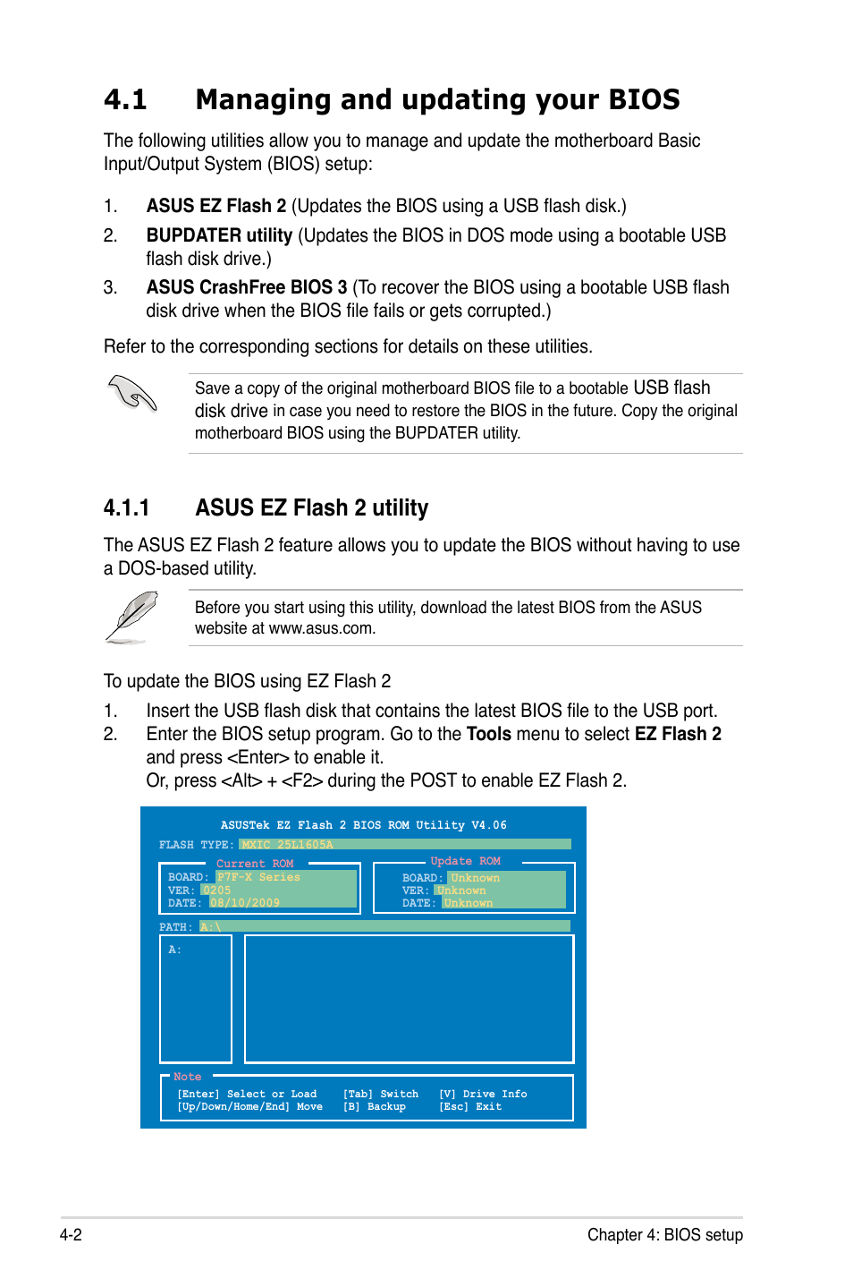 1 managing and updating your bios, 1 asus ez flash 2 utility, Managing and updating your bios -2 4.1.1 | Asus ez flash 2 utility -2, Usb flash disk drive | Asus TS100-E6/PI4 User Manual | Page 54 / 148