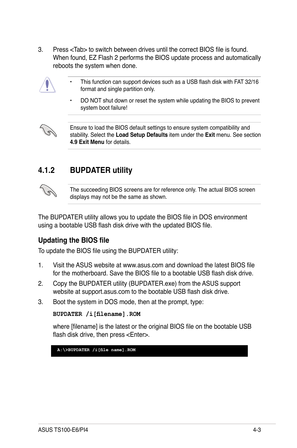 2 bupdater utility, Bupdater utility -3, Updating the bios file | Asus TS100-E6/PI4 User Manual | Page 55 / 148