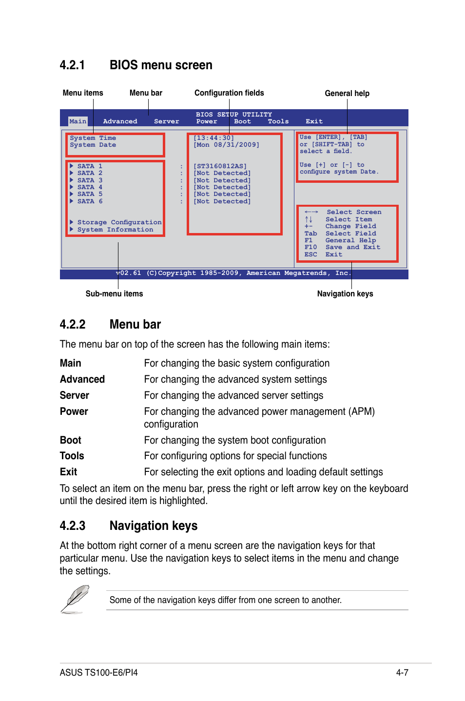 1 bios menu screen, 2 menu bar, 3 navigation keys | Bios menu screen -7, Menu bar -7, Navigation keys -7 | Asus TS100-E6/PI4 User Manual | Page 59 / 148