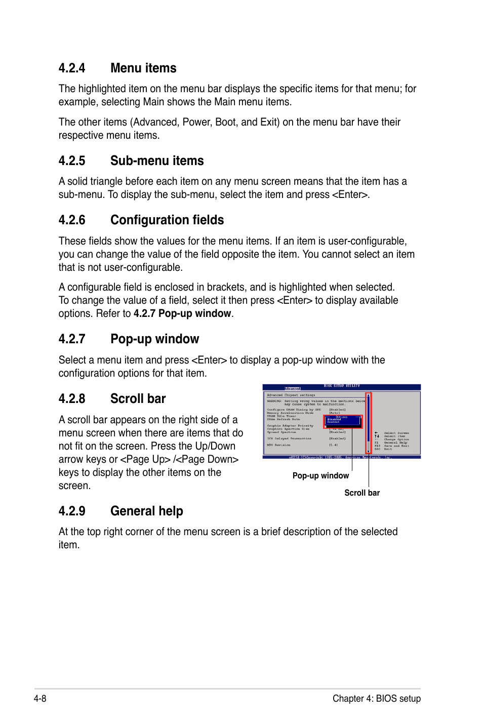 4 menu items, 5 sub-menu items, 6 configuration fields | 7 pop-up window, 8 scroll bar, 9 general help, Menu items -8, Sub-menu items -8, Configuration fields -8, Pop-up window -8 | Asus TS100-E6/PI4 User Manual | Page 60 / 148