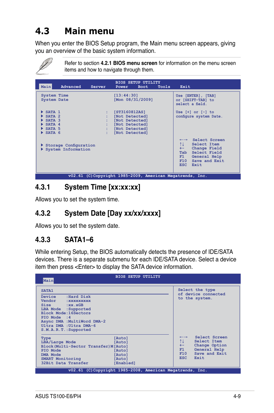 3 main menu, 1 system time [xx:xx:xx, 2 system date [day xx/xx/xxxx | 3 sata1—6, Main menu -9 4.3.1, System time [xx:xx:xx] -9, System date [day xx/xx/xxxx] -9, Sata1—6 -9, 3 sata1–6, Allows you to set the system time | Asus TS100-E6/PI4 User Manual | Page 61 / 148