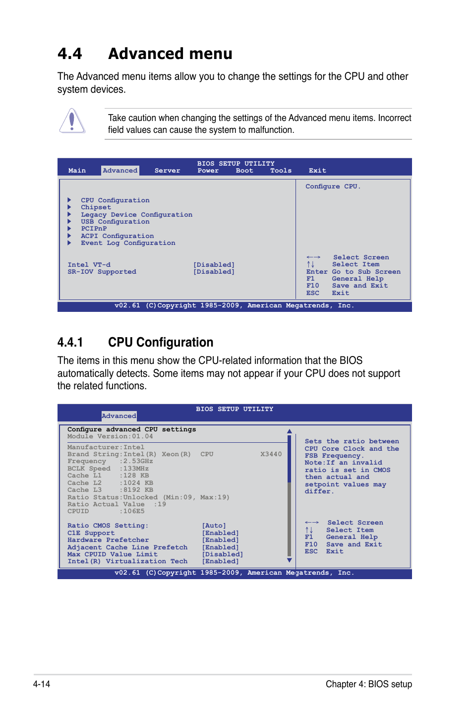 4 advanced menu, 1 cpu configuration, Advanced menu -14 4.4.1 | Cpu configuration -14, 14 chapter 4: bios setup | Asus TS100-E6/PI4 User Manual | Page 66 / 148